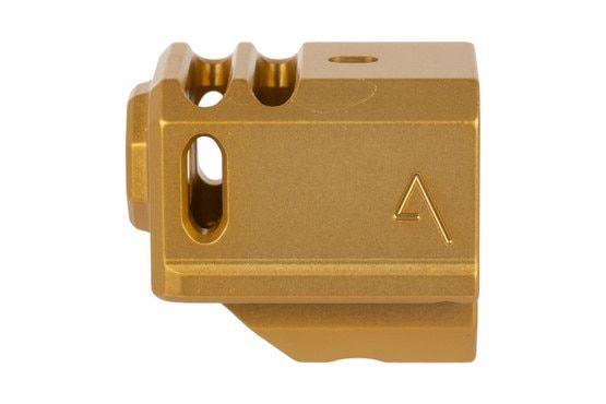 The Agency Arms 417 Compensator has a gold anodized finish and a a 1/2x28 thread pitch